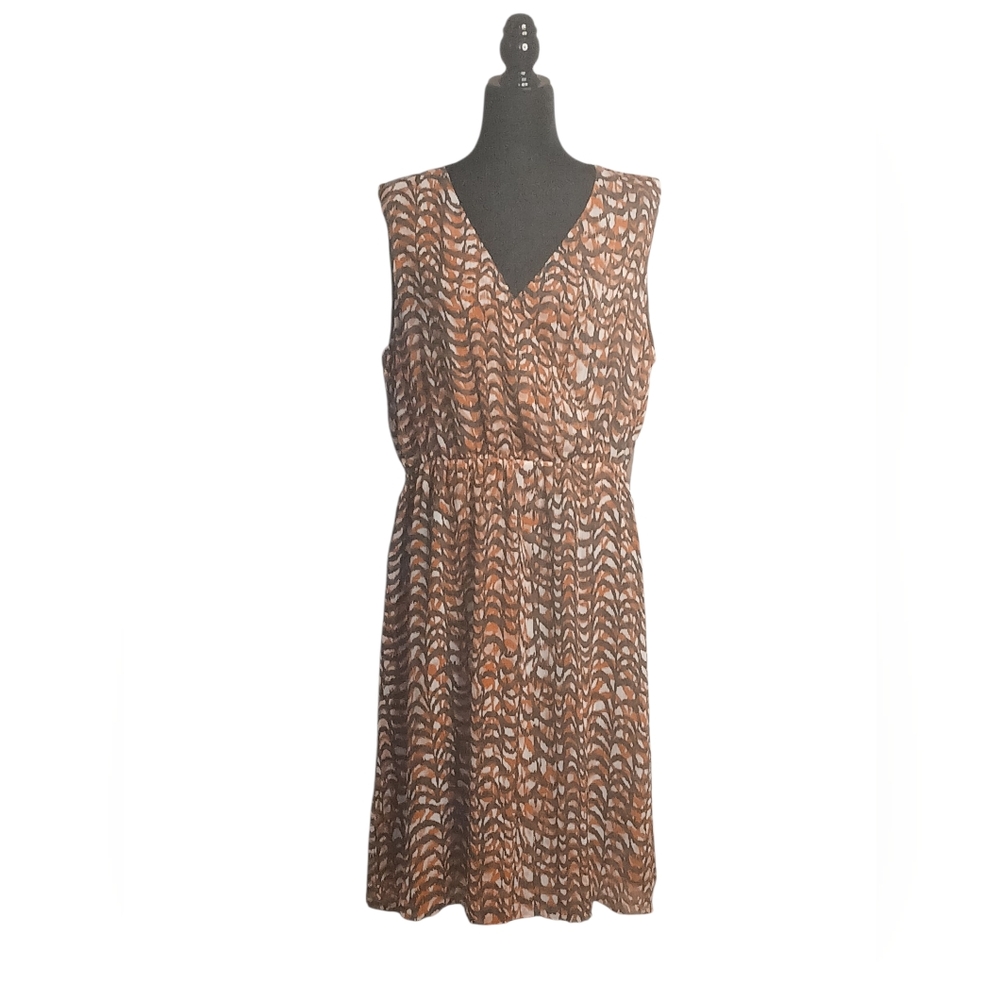 Chaus Women's Brown, White, and Pink Tiger Lily Pattern Midi Faux Wrap Dress.